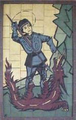 Mozaikové vyobrazení svatého Jiří, který kopím zabíjí draka.