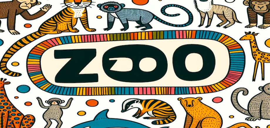 Billede med ordet "Zoo" i midten og zoologiske dyr i tegneseriestil