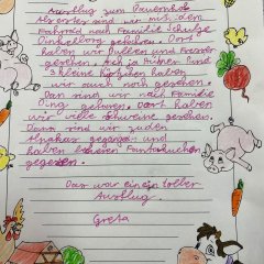 En tekst skrevet af en elev i klasse 4a om udflugten til bondegården.