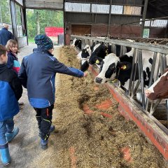 Τα παιδιά της τάξης 3α στέκονται μπροστά από γαλακτοπαραγωγές αγελάδες.