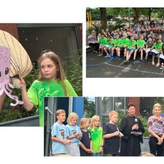 The first picture shows two children holding up an octopus and a shell. The second picture shows the children of the graduating classes. The people (children and adults) reciting the intercessions are shown in picture 3.