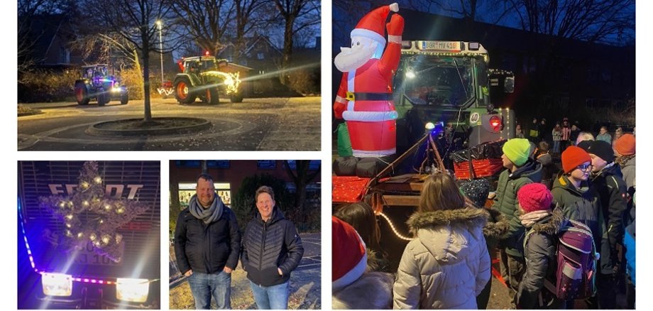 The pictures show tractors decorated with LED lights.