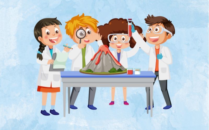 A comic drawing of children experimenting.