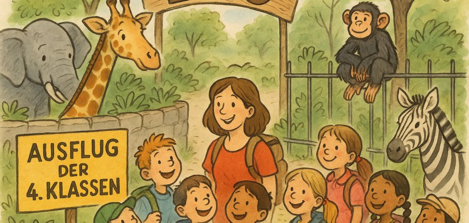 Drawing of children with their teacher at the zoo.