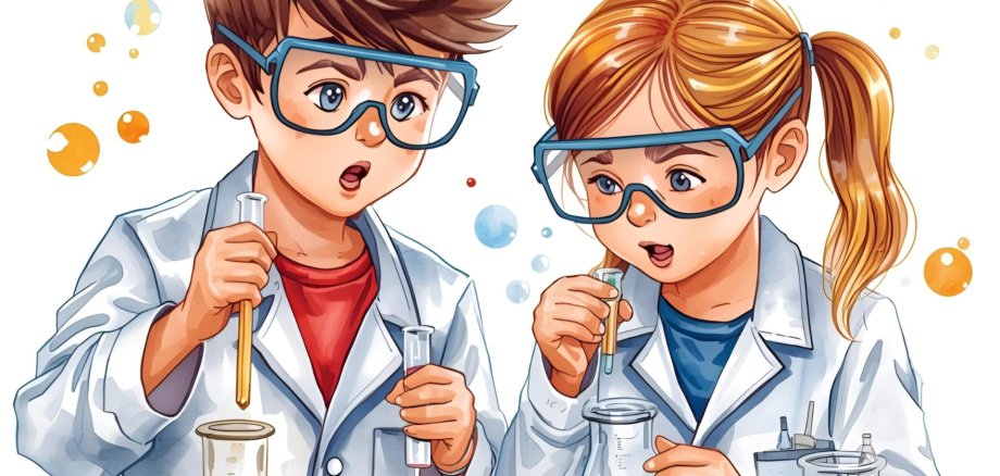 Niño y niña, vestidos con batas de laboratorio y gafas de seguridad, experimentando.
