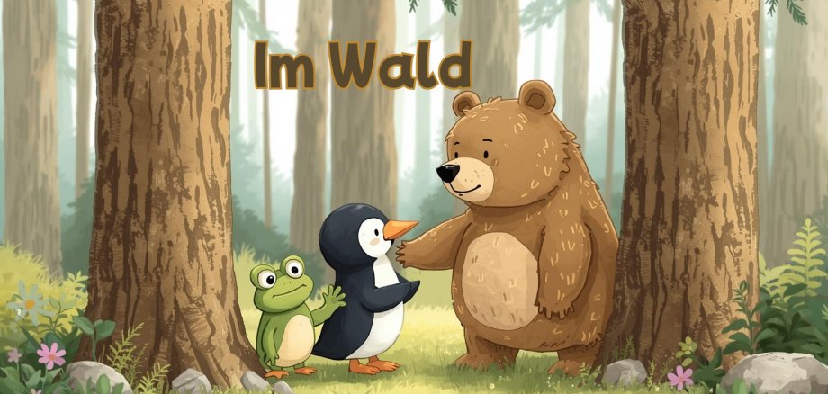 Dibujo de una rana, un pingüino y un oso en el bosque.