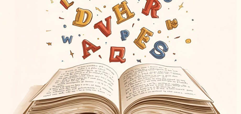 Livre ouvert d'où flottent des lettres.