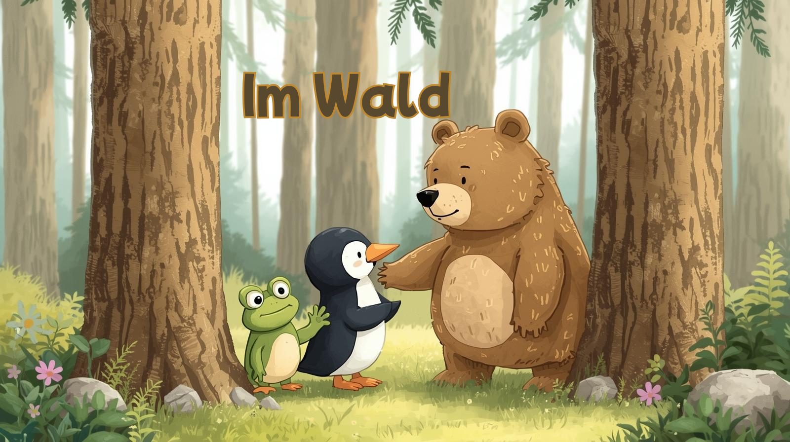 森の中のカエル、ペンギン、クマの絵。