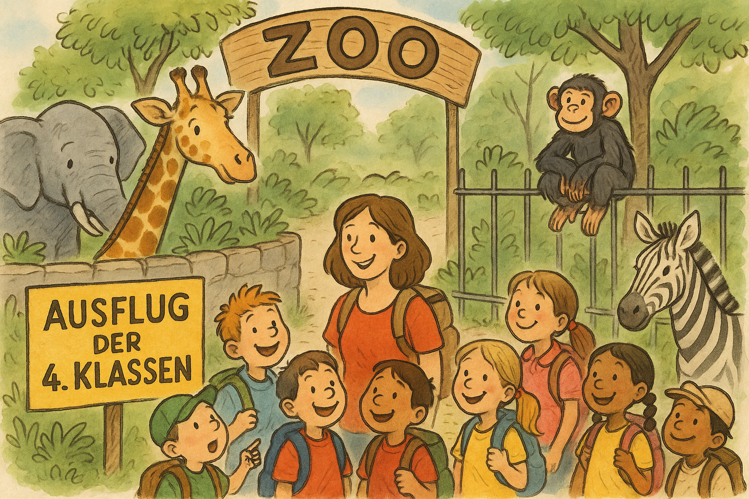 Rysunek dzieci z nauczycielem w zoo.