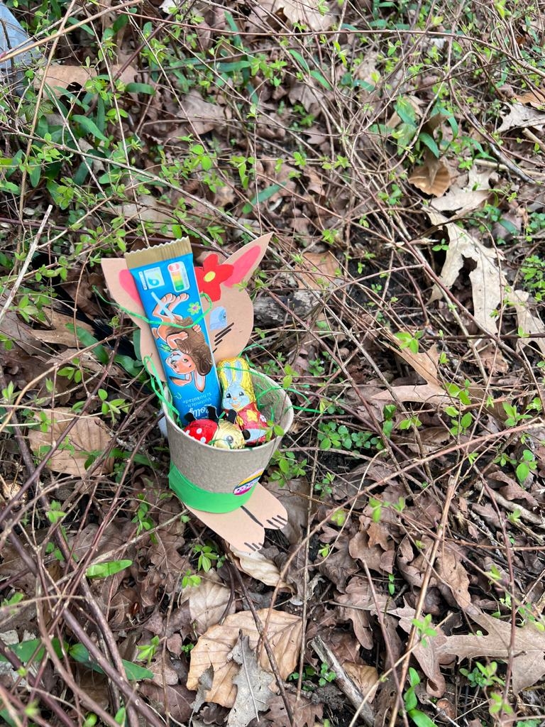 Uma pequena surpresa do coelhinho da Páscoa. Um coelhinho da Páscoa segurando um "cesto" com doces surpresas.